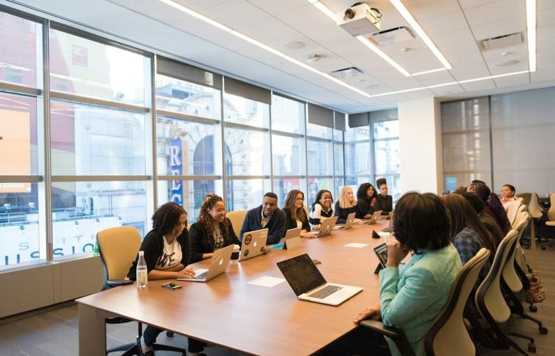 STEM Diversity - group of people sitting beside rectangular wooden table with laptops