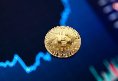 Virtual Exchange - Gold bitcoin coin on background of growth chart